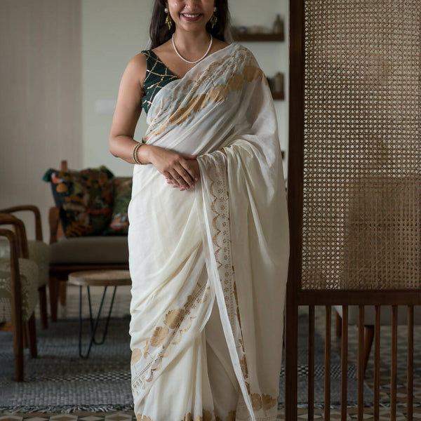 Suta White Floral Cotton Blend Saree - Distacart