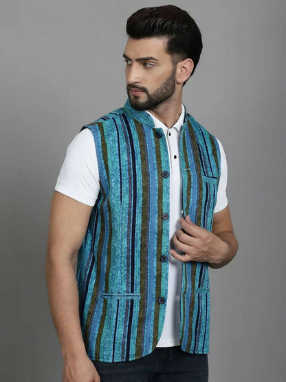 Even Apparels Nehru Jacket With Welt Pockets - Blue - Distacart