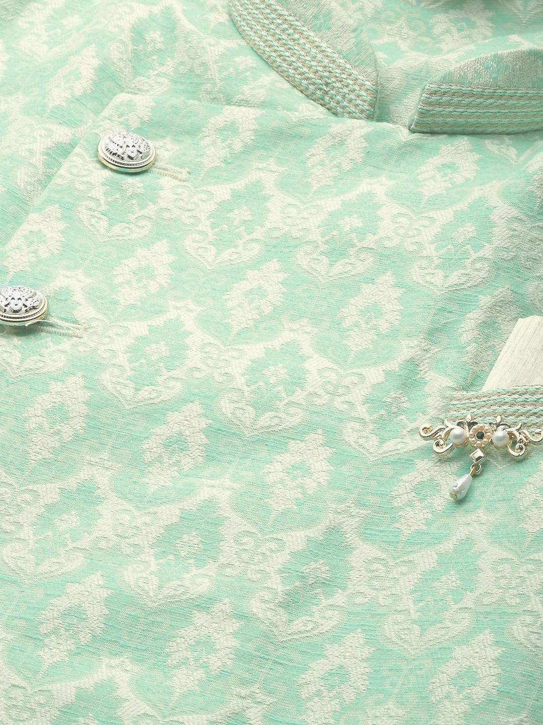 Manyavar Men Green & Off-White Jacquard Angrakha Kurta with Patiala - Distacart