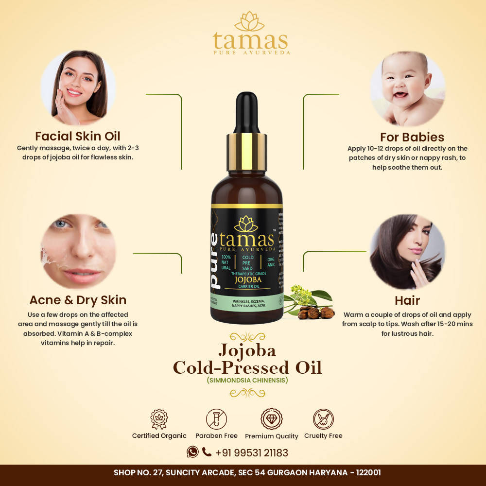 Tamas Pure Ayurveda 100% Organic Jojoba Cold Pressed Carrier Oil- USDA Certified Organic- 30ML - Distacart