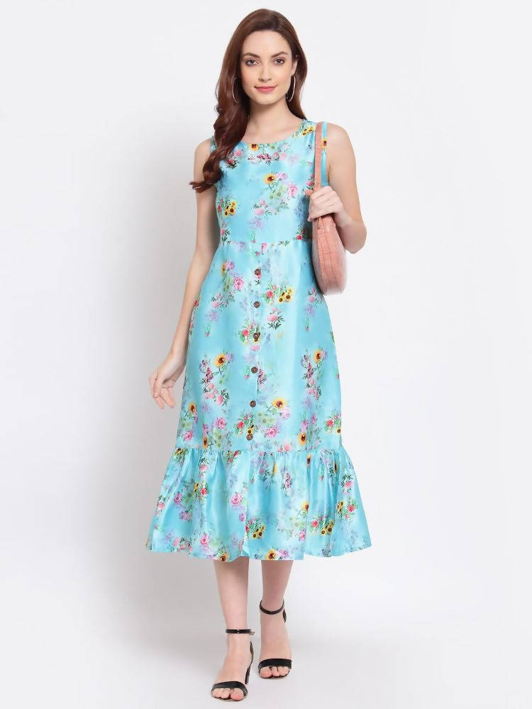 Myshka Women's Green Printed Cotton Blend Sleeveless Round Neck Casual Dress