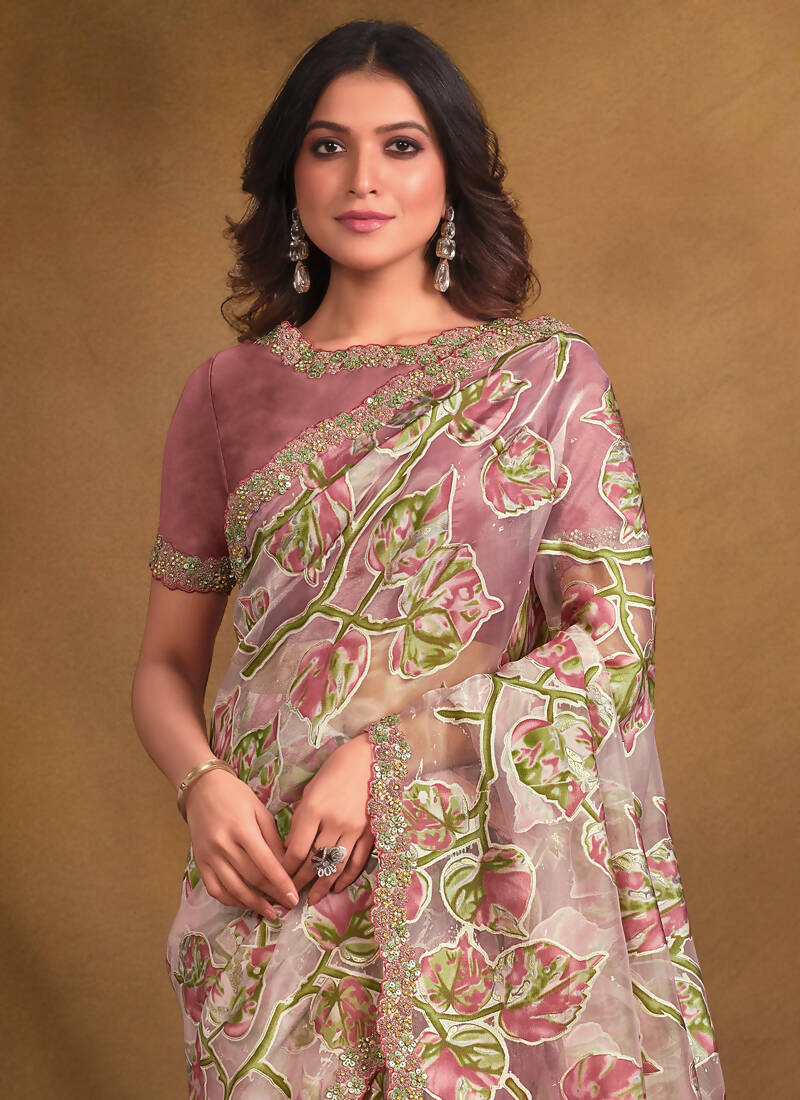 Mauve Burning Tissue Designer Saree with Unstitched Blouse - Norita Mahitha - Distacart