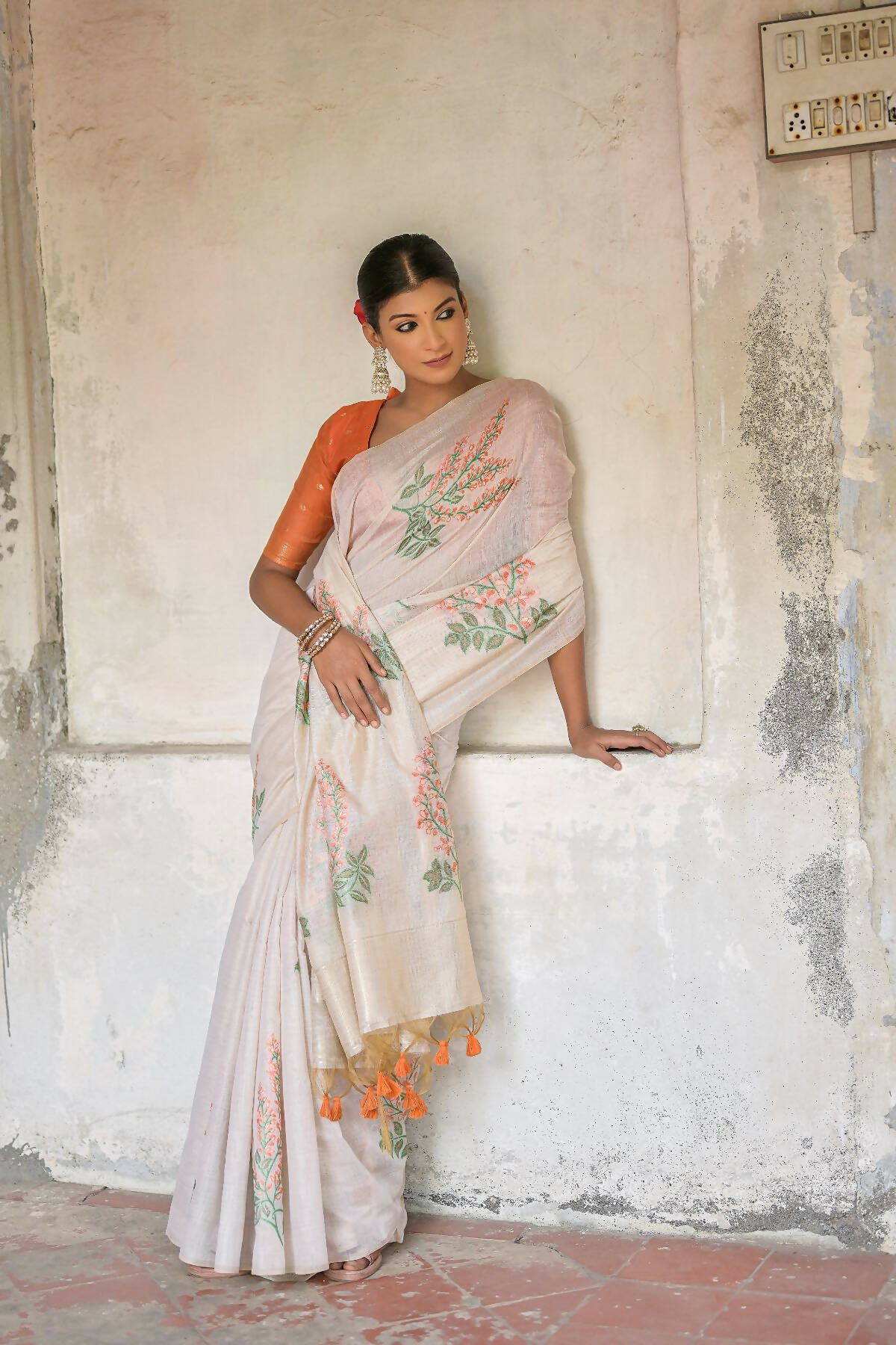 Vishnu Weaves Women's Orange Muga Cotton Woven Saree with Blouse - Distacart