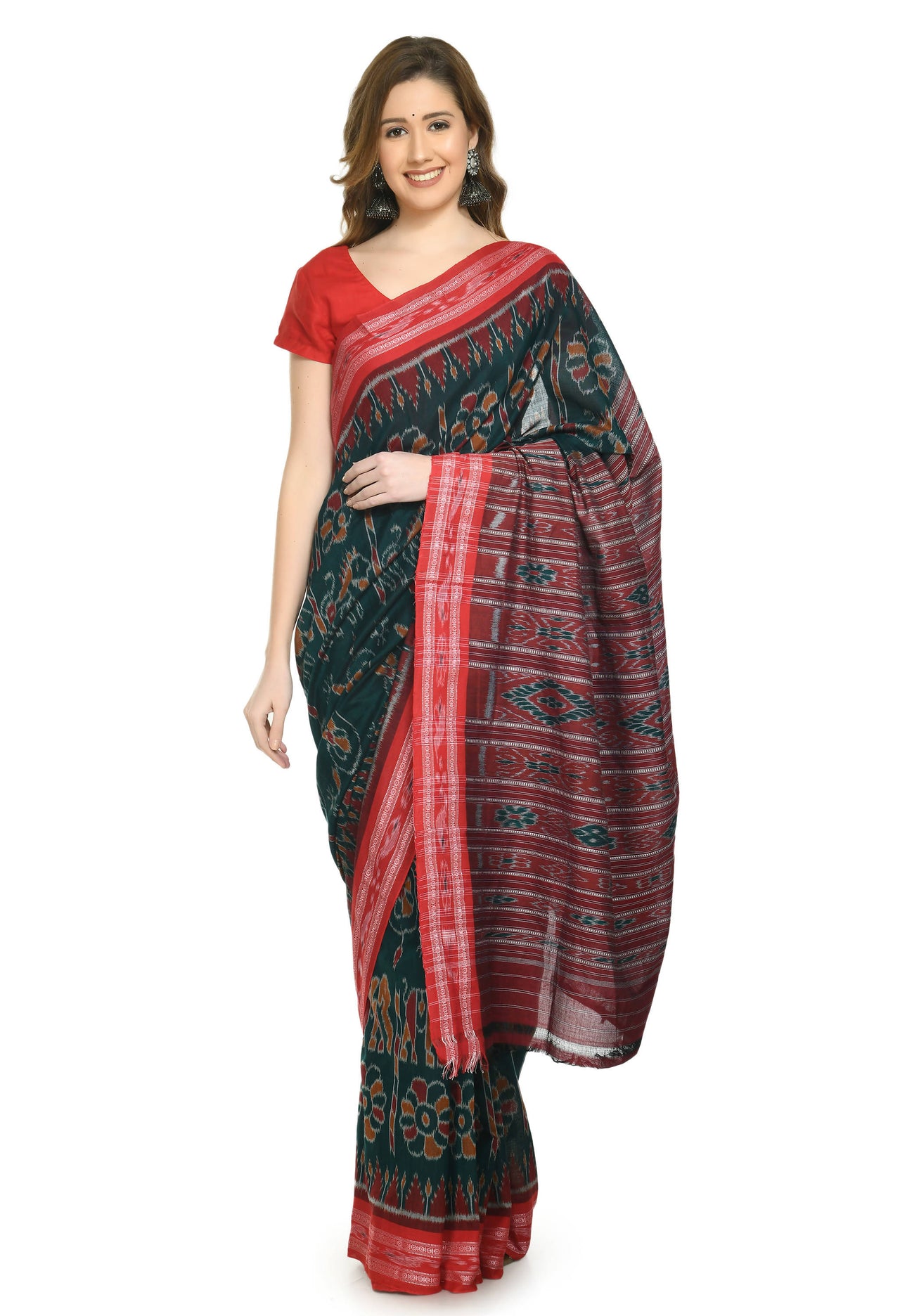 Vamika Sambalpuri Ikat Cotton Dehabandha Green & Red Saree - Distacart