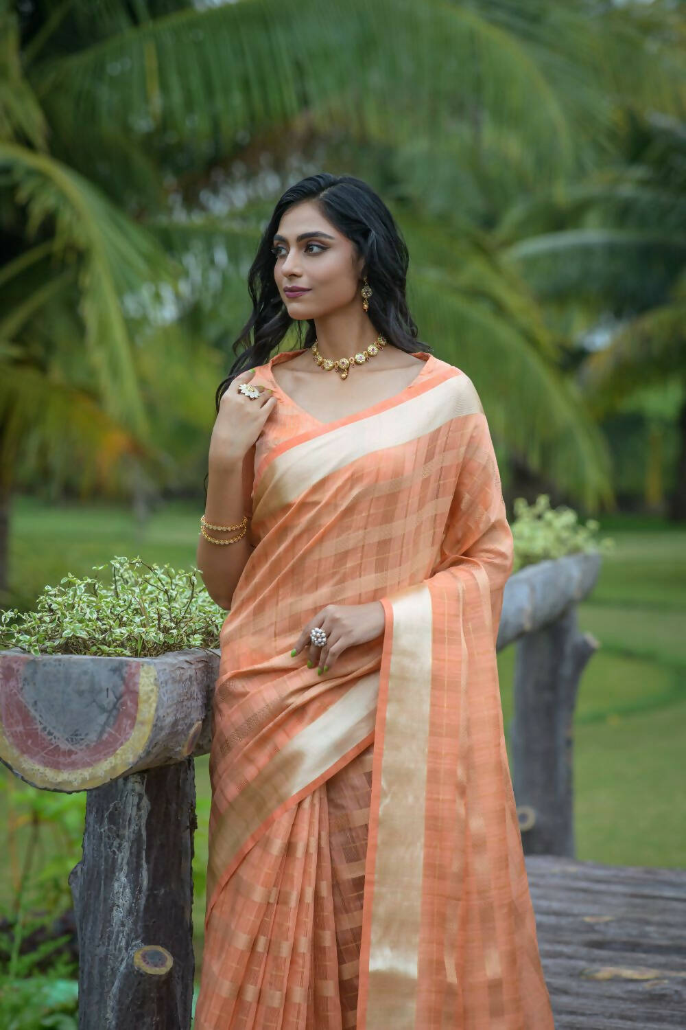 Vishnu Weaves Women's Orange Organza Silk Zari Woven Saree with Blouse - Distacart