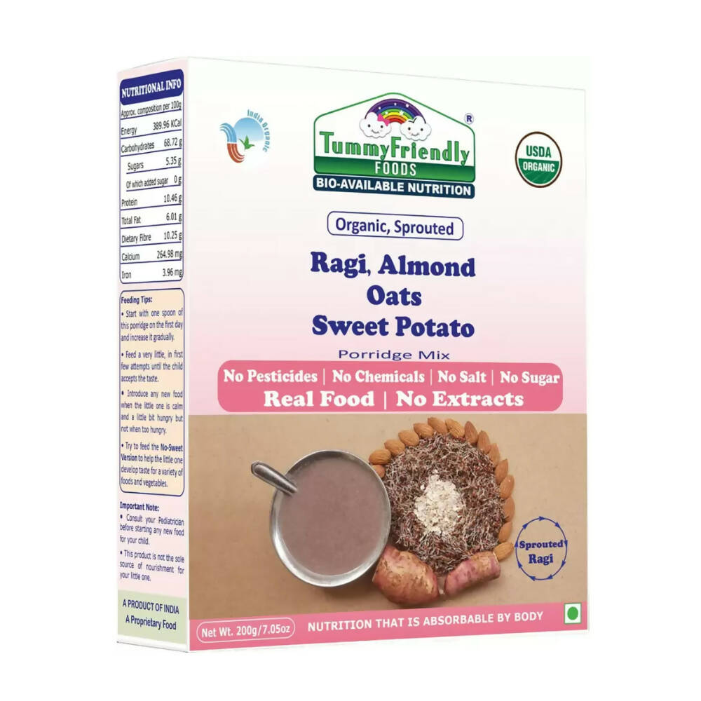 TummyFriendly Foods Certified Organic Sprouted Ragi, Almond, Oats, Sweet Potato Porridge Mix - Distacart