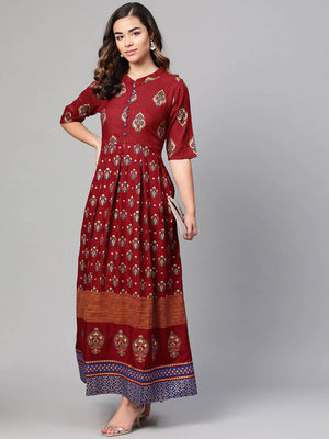 Myshka Maroon & Golden Ethnic Motifs Printed Cotton Maxi Dress - Distacart