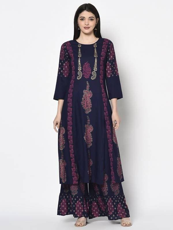 Aniyah Rayon Navy Blue Color Block Print A-line Flared Long Kurta With Two Front Slits (AN-215K)