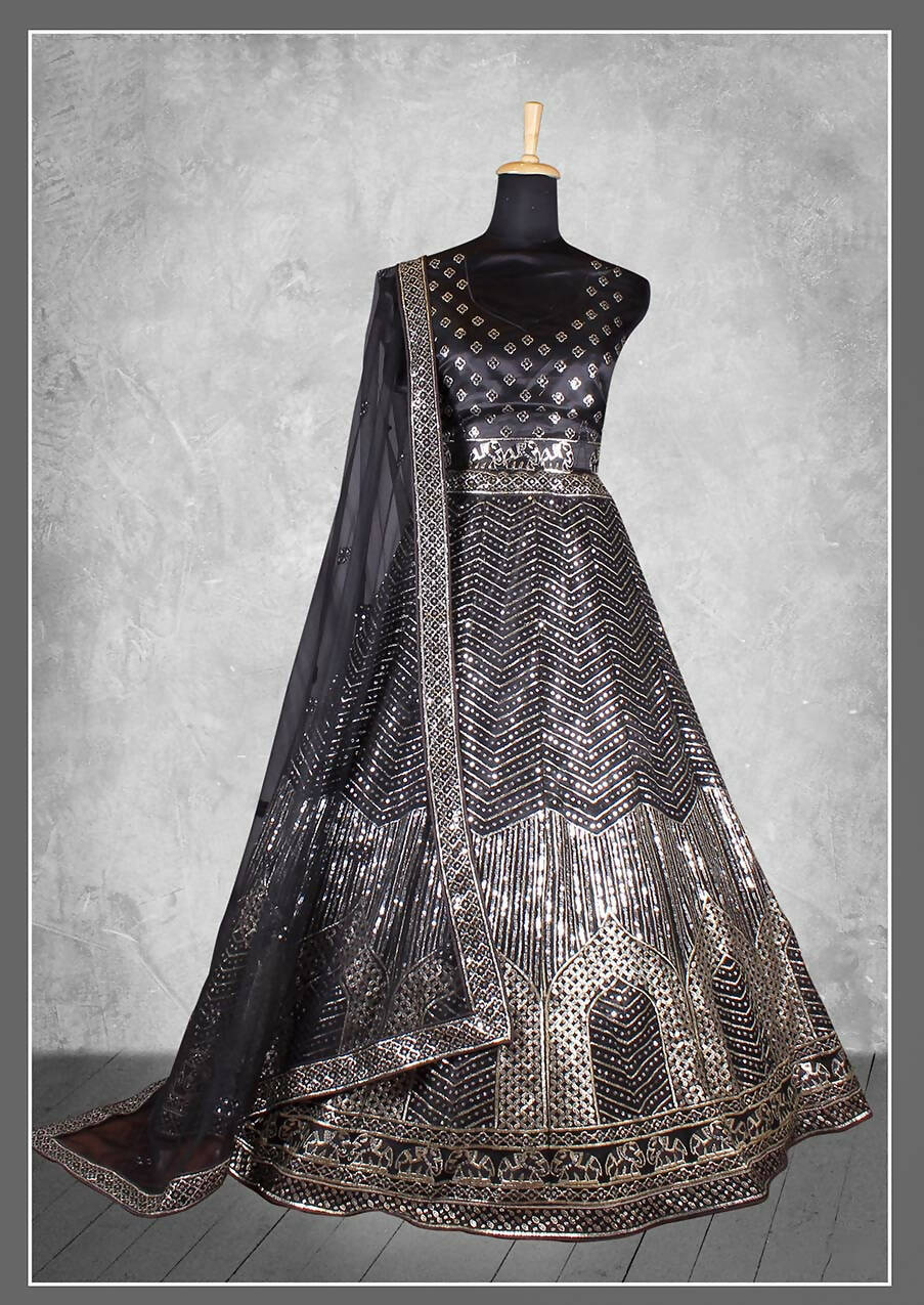 Black Satin Silk Cord and sequins Floral embroidery Bridal lahenga Choli with Dupatta - Nimaya Pavitra Rista - Distacart