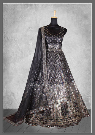 Black Satin Silk Cord and sequins Floral embroidery Bridal lahenga Choli with Dupatta - Nimaya Pavitra Rista - Distacart