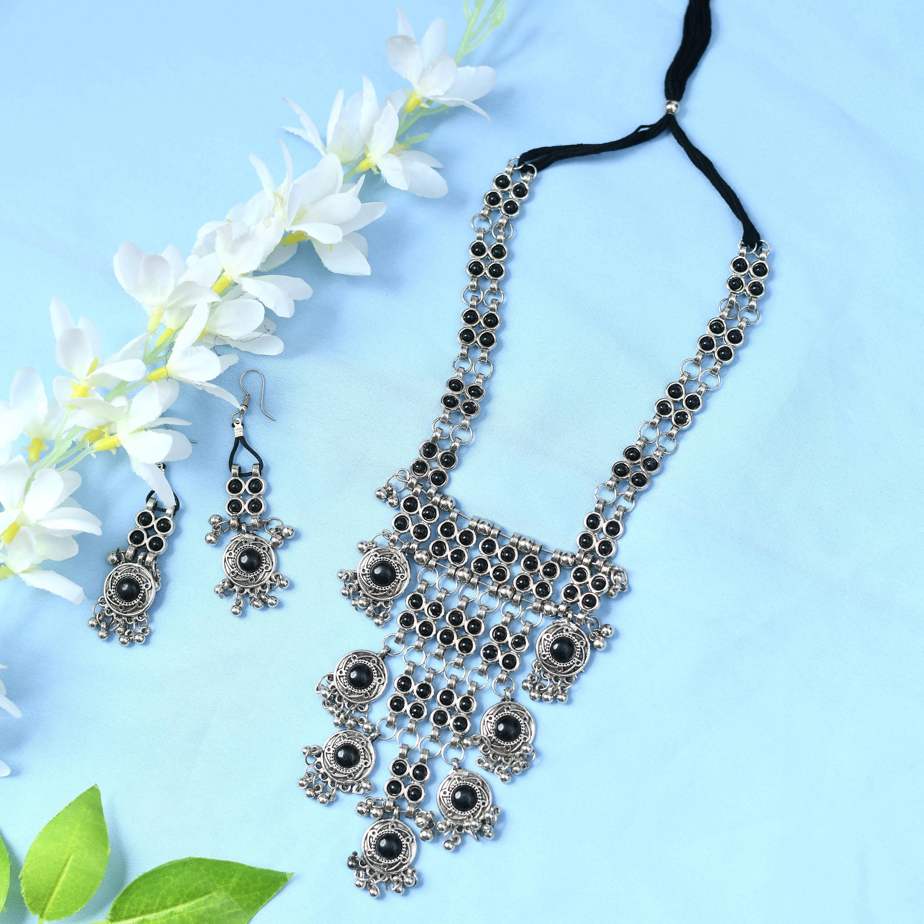 Mominos Fashion Johar Kamal Oxidised Silver-Plated Brass Finish Black Kundan Afghani Long Necklace For Women - Distacart