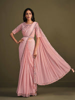 Thumbnail for Peach Georgette Crepe Silk Sequence Embroidered Saree With Stitched Blouse - Mohmanthan La Belle - Distacart