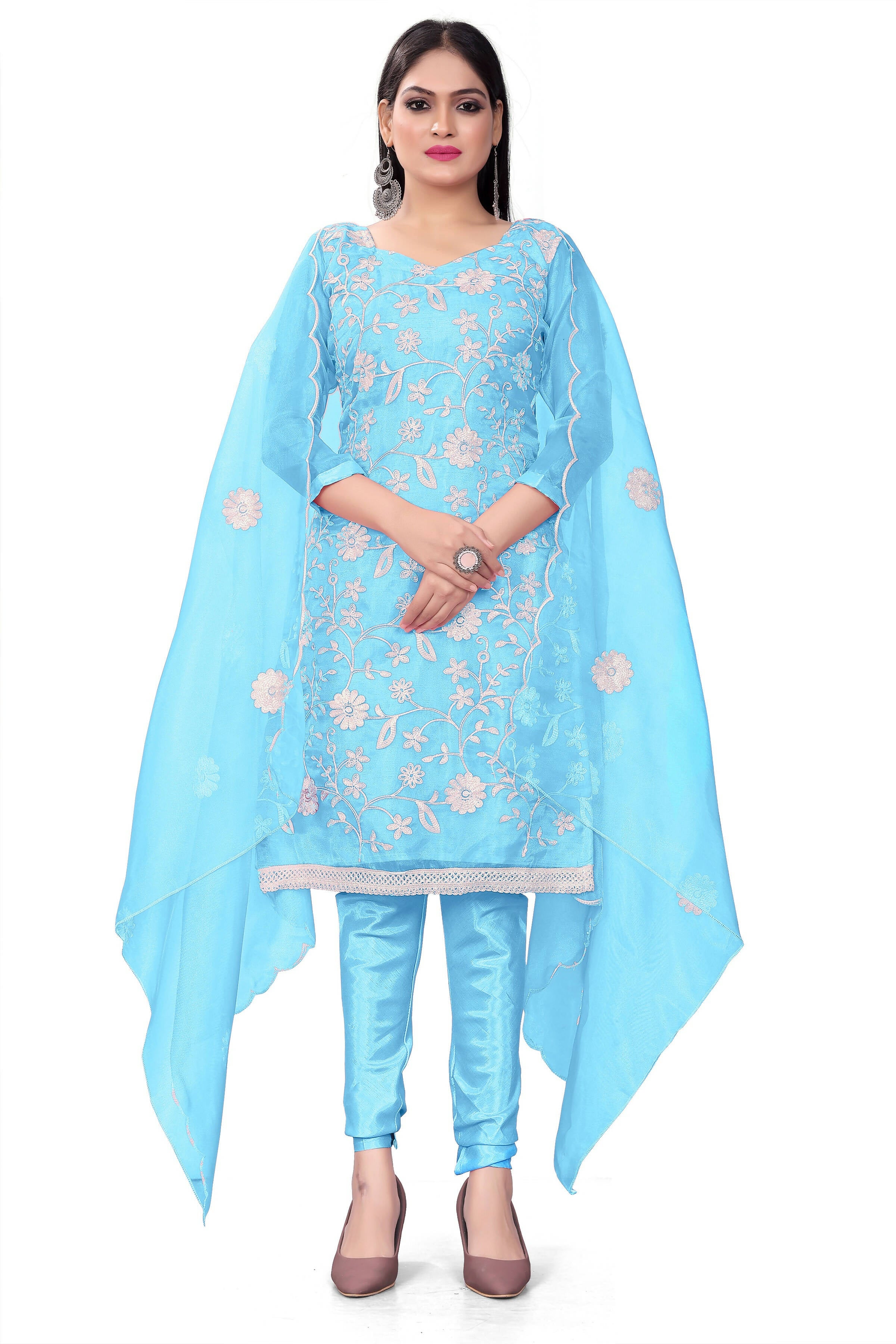 Sky Blue Organza Silk Embroidered Work Unstitched Dress Material - Tanvi - Distacart