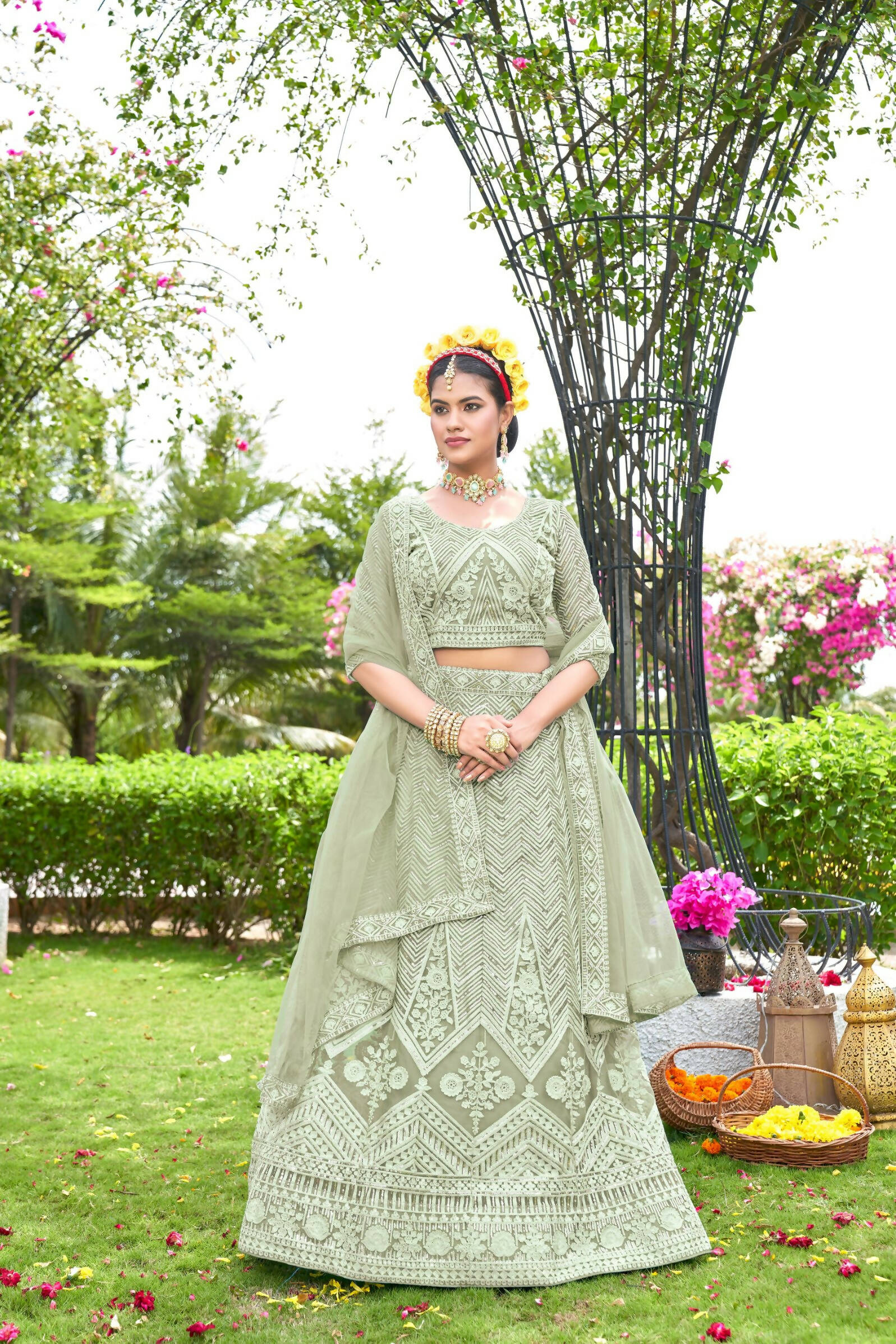 Light Green Net Embroidered Semi Stitched Lehenga Choli with Dupatta - Bhagya - Distacart
