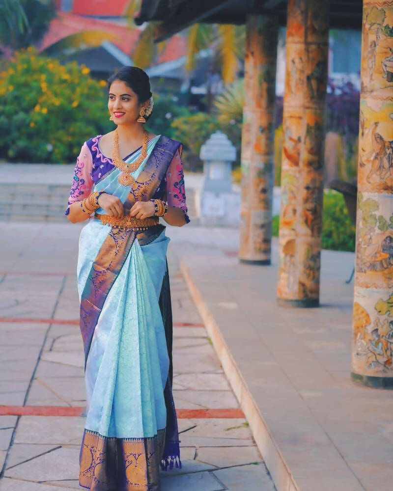 DEIANA'S Beautiful Golden Jari with New Design Soft Lichi Silk Saree - Sky - Distacart