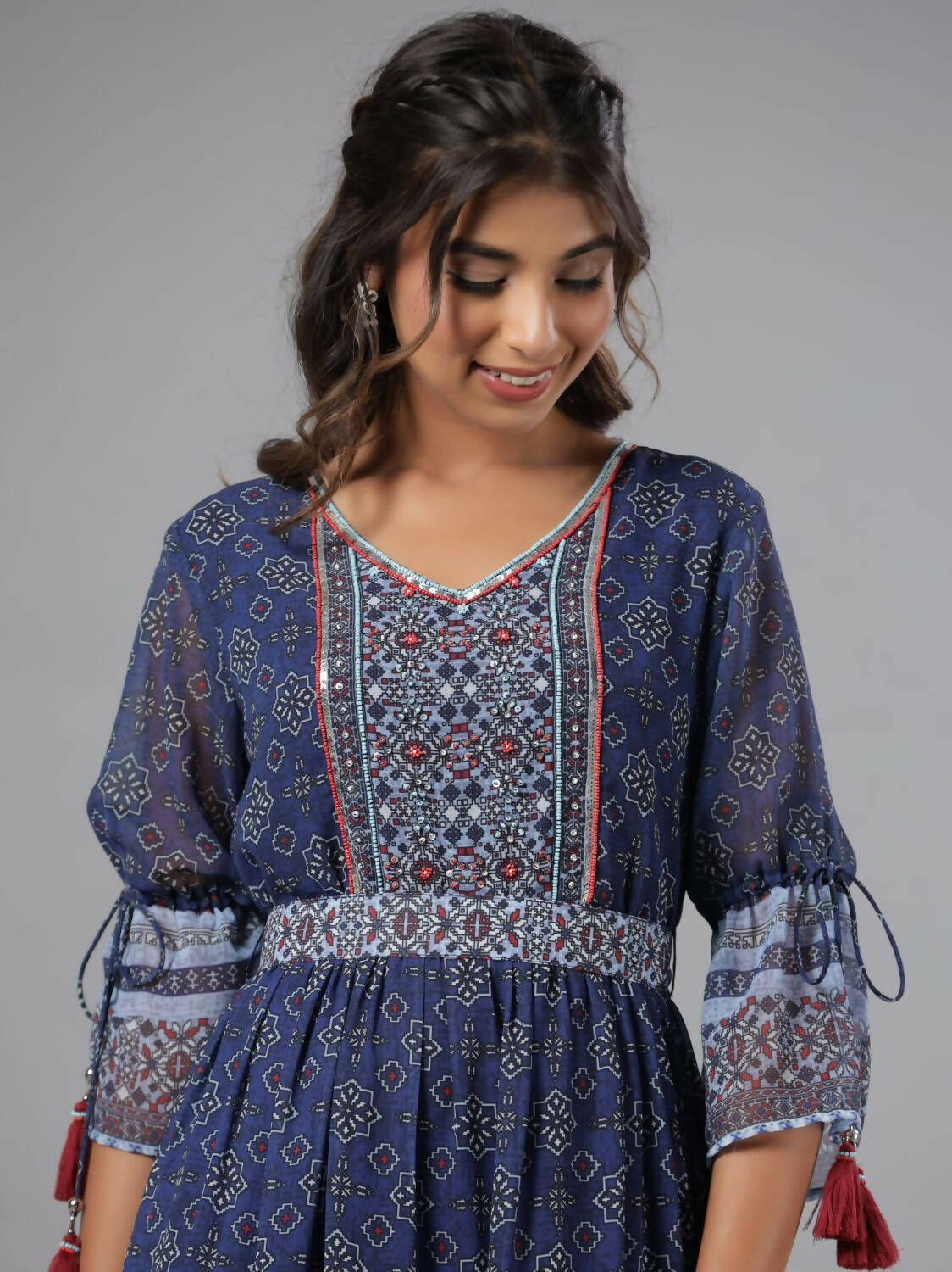 Juniper Women Navy Blue Georgette Geometric Printed Tiered Maxi Dress - Distacart