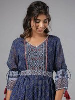 Thumbnail for Juniper Women Navy Blue Georgette Geometric Printed Tiered Maxi Dress - Distacart