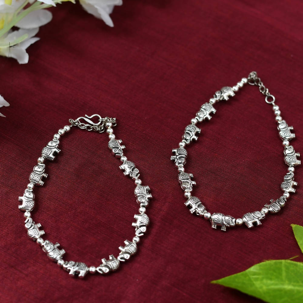 Mominos Fashion Kamal Johar Oxidised Elephant Design Silver Anklets