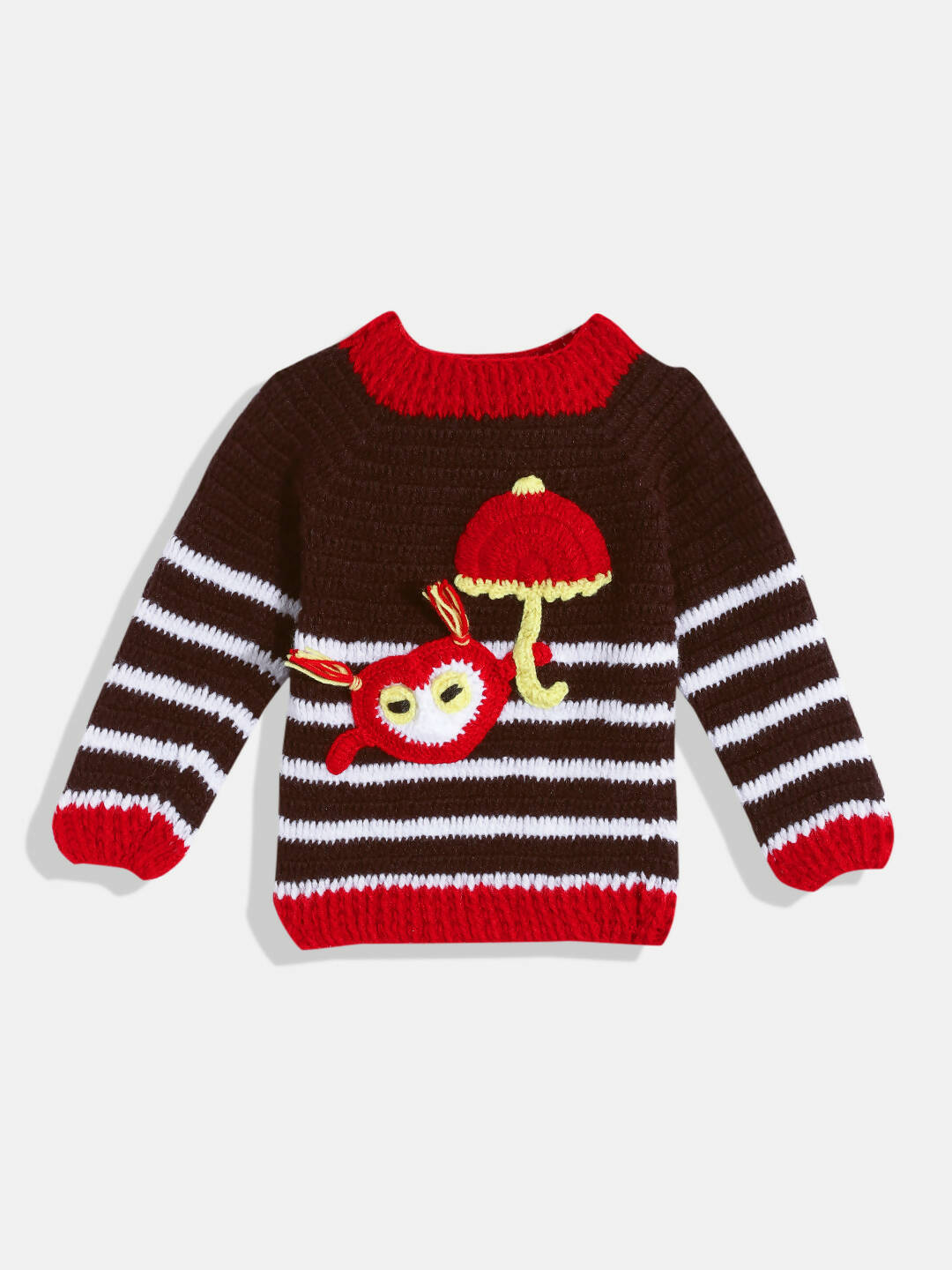 Chutput Kids Woollen Hand Knitted Full Sleeves Striped And Devil Heart Detail Sweater - Brown - Distacart