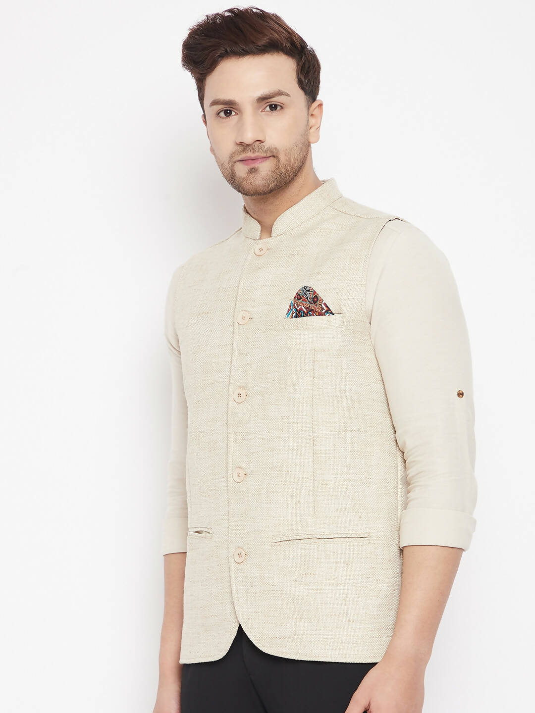 Even Apparels Beige Linen Men Woven Nehru Jacket - Distacart