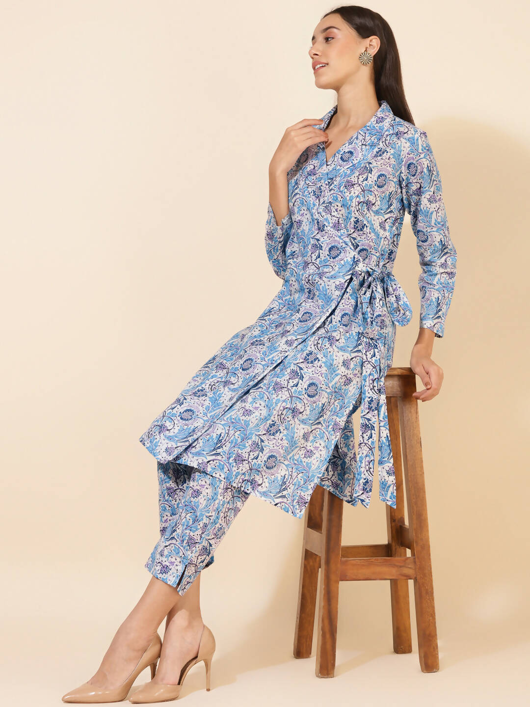 Janasya Women's White Cotton Floral Printed Casual Wrap Style Co-ords - Distacart