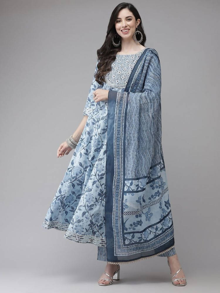 Yufta Women Blue Floral Printed Regular Pure Cotton Kurta with Trouser With Dupatta