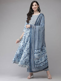 Thumbnail for Yufta Women Blue Floral Printed Regular Pure Cotton Kurta with Trouser With Dupatta