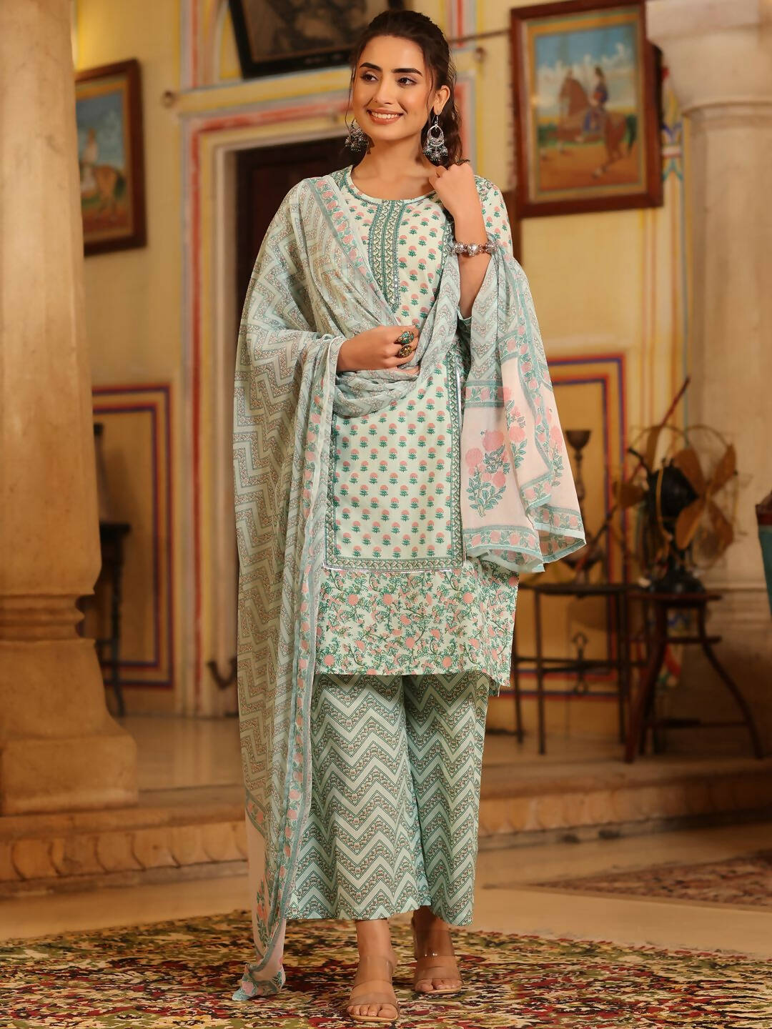 Juniper Women's Seagreen Cambric Floral Printed Kurta Palazzo Set - Distacart