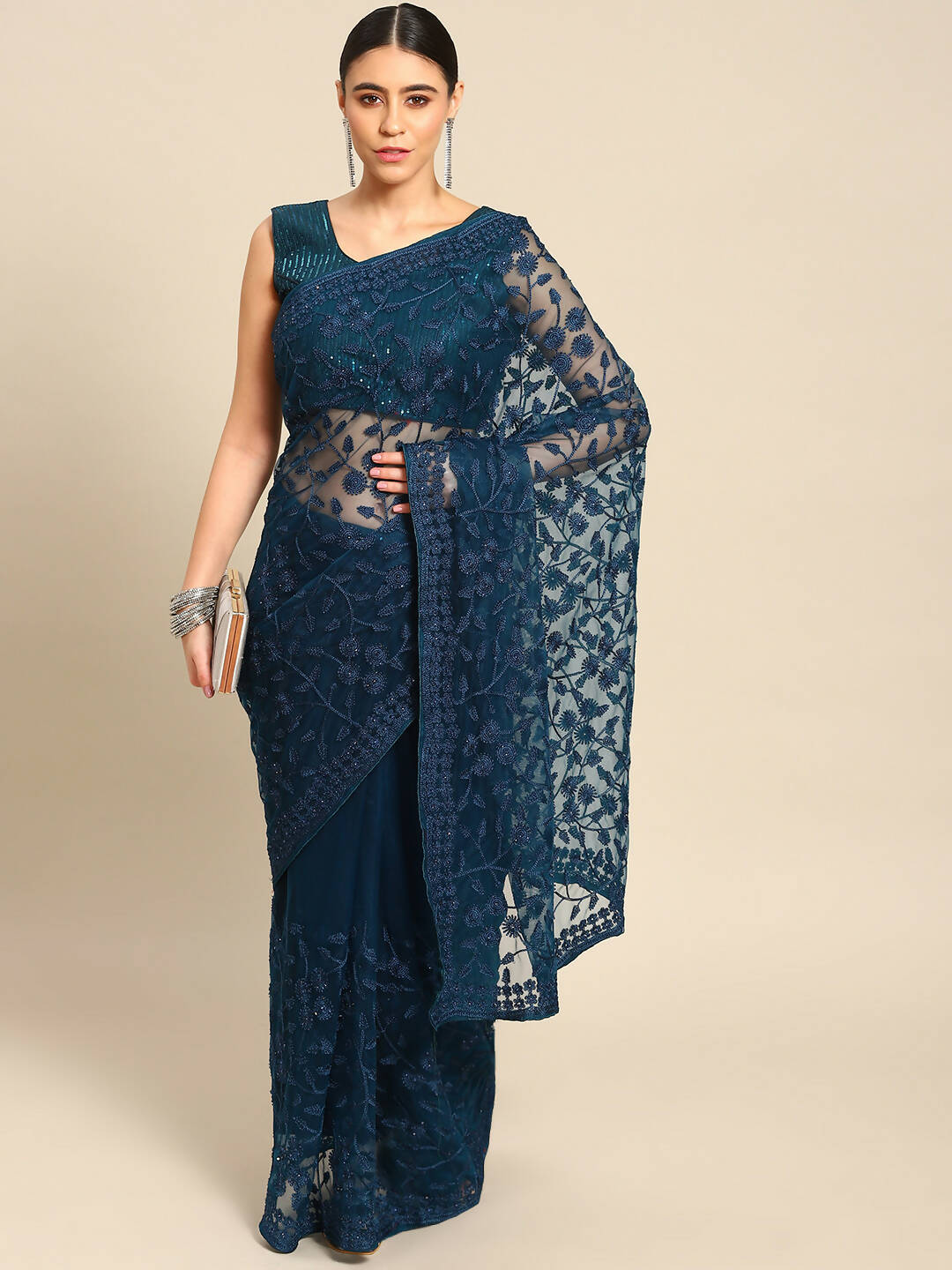 Blue Woven Design Net Saree with Blouse Piece - Kalamkari - Distacart