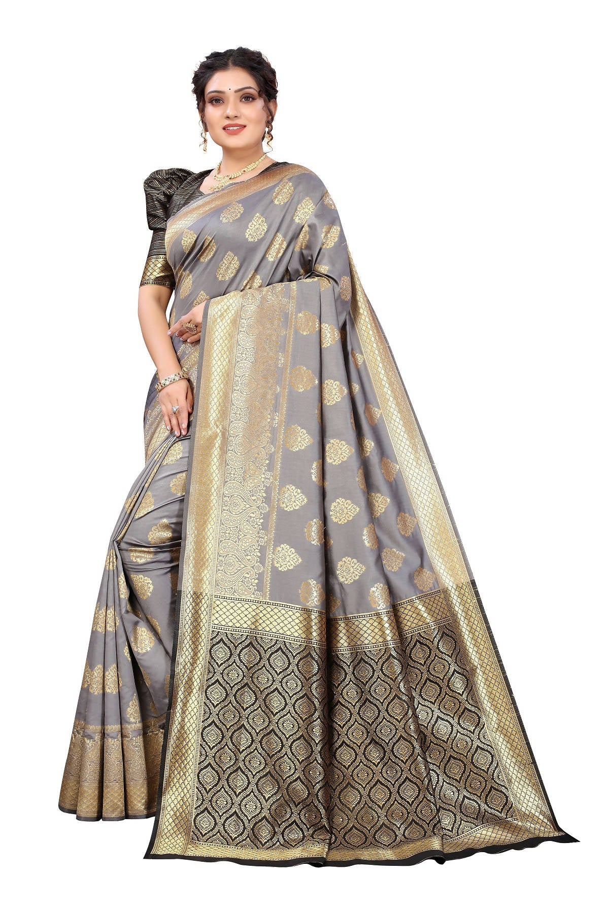 Vamika Ethnic Fire Grey Weaving Banarasi Jacquard Saree - Distacart