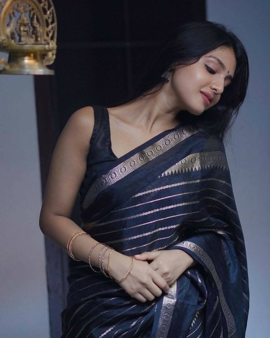 DEIANA'S Beautiful Golden Jari with New Design Soft Lichi Silk Saree - Black - Distacart