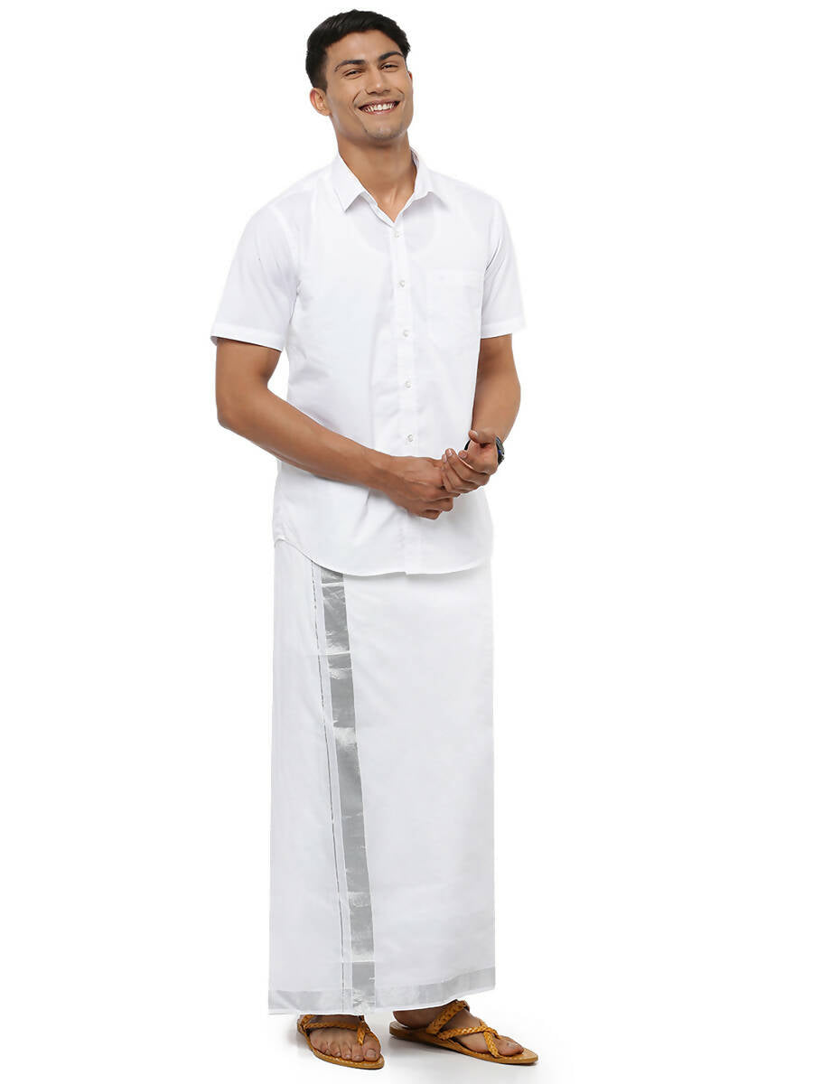 Ramraj Cotton Mens Pure Cotton 1 1 / 2 " Silver Jari Dhoti - White - Distacart