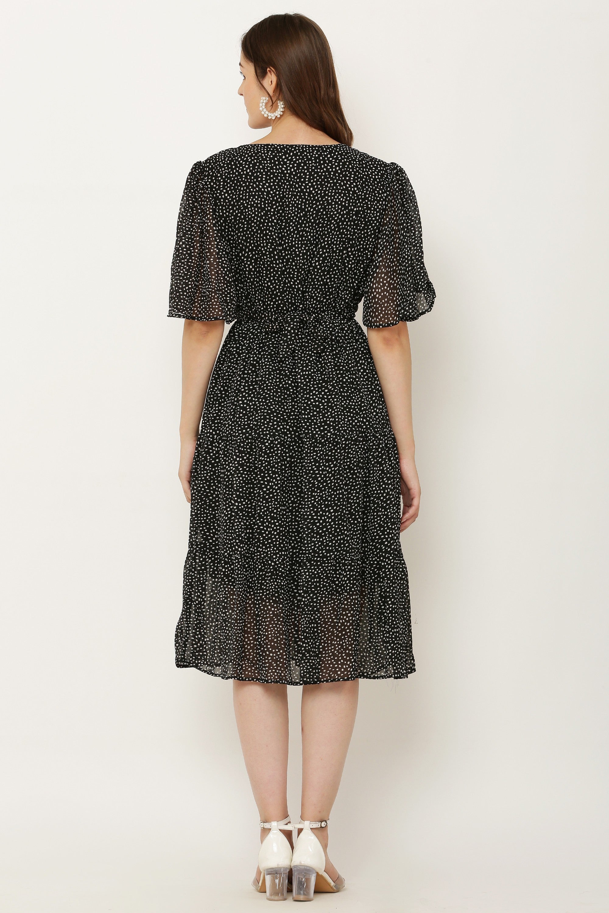 PAVONINE Micro Dots V-Neck Georgette Fabric Black Dress For Women - Distacart