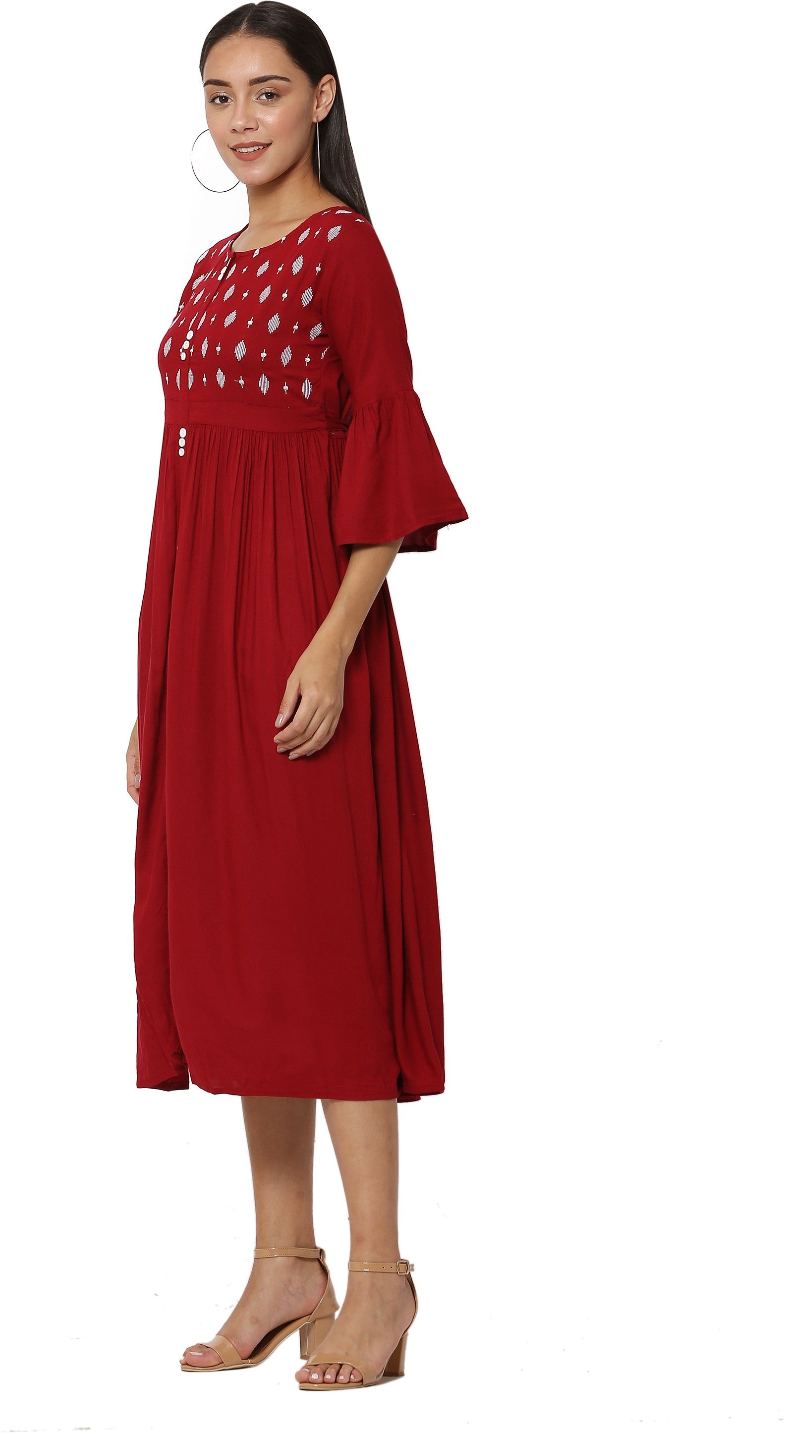 PAVONINE Wine Color Embroidery Work With Button Dress For Women - Distacart