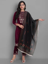 Thumbnail for NOZ2TOZ Women's Wine Embroidered Velvet Kurta with Trousers & With Dupatta - Distacart