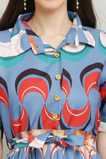 Thumbnail for PAVONINE Zig-Zag Multi-Colors Printed Crepe Fabric Firozi Dress For Women - Distacart