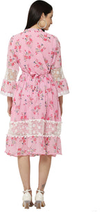 Thumbnail for PAVONINE Pink Color Flower Printed Lace Bottom Dress For Girls & Women - Distacart