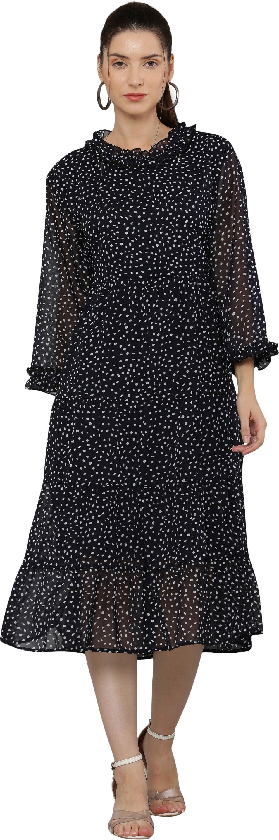 PAVONINE Micro Dots Frill-Neck Georgette Fabric Navy Blue Dress For Women - Distacart