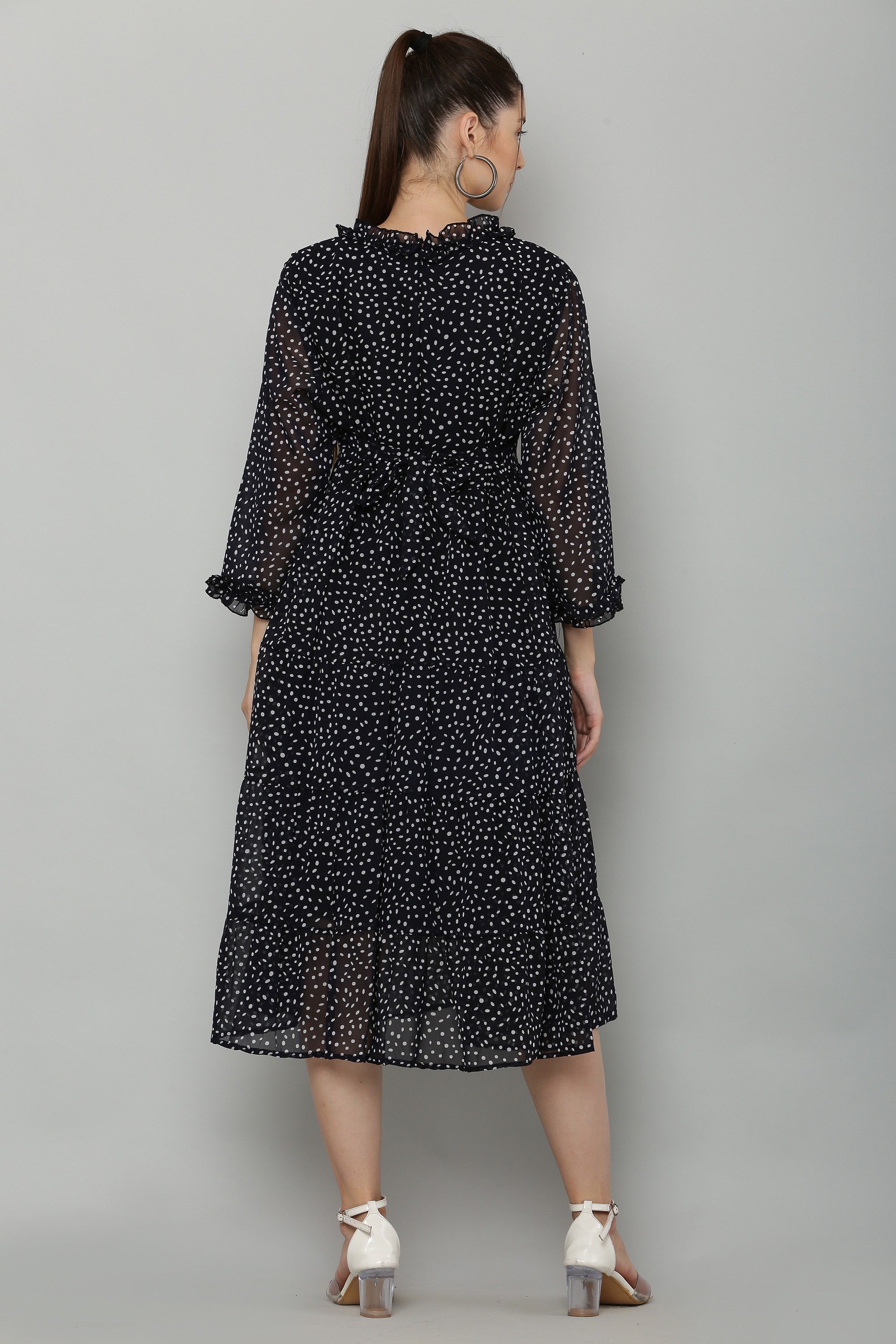 PAVONINE Micro Dots Frill-Neck Georgette Fabric Navy Blue Dress For Women - Distacart