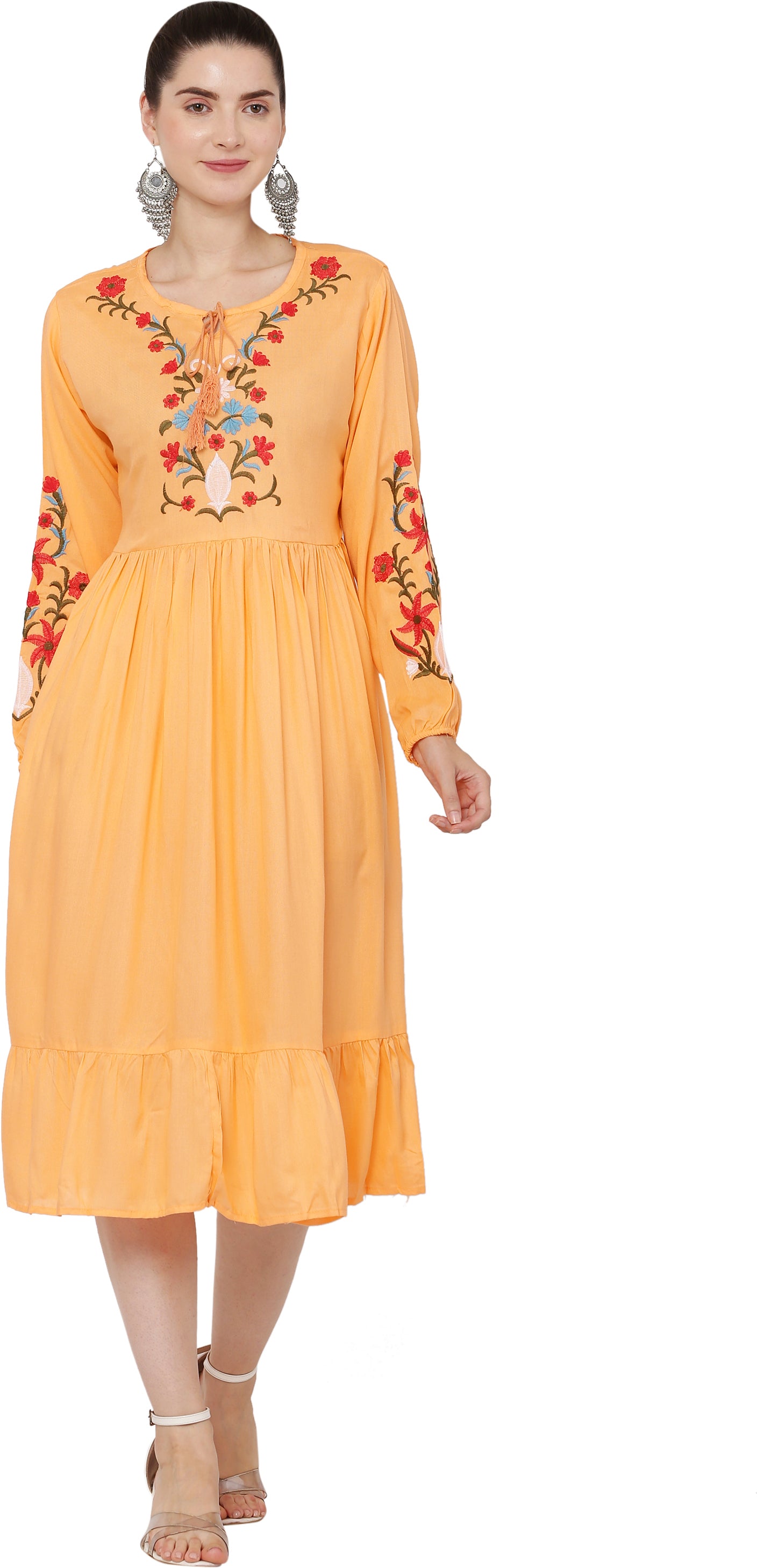 PAVONINE Peach Color Flower Embroidery Dress For Women - Distacart