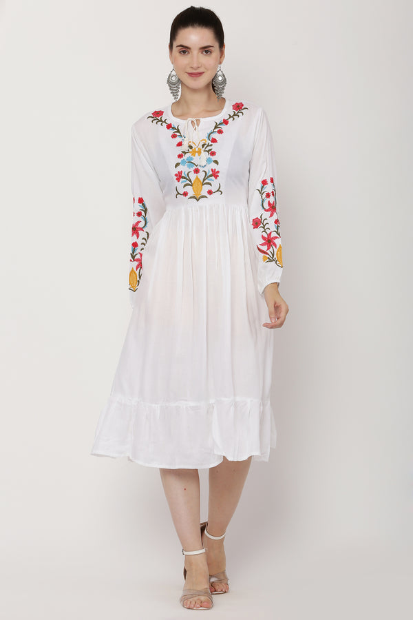 PAVONINE White Color Flower Embroidery Dress For Women - Distacart