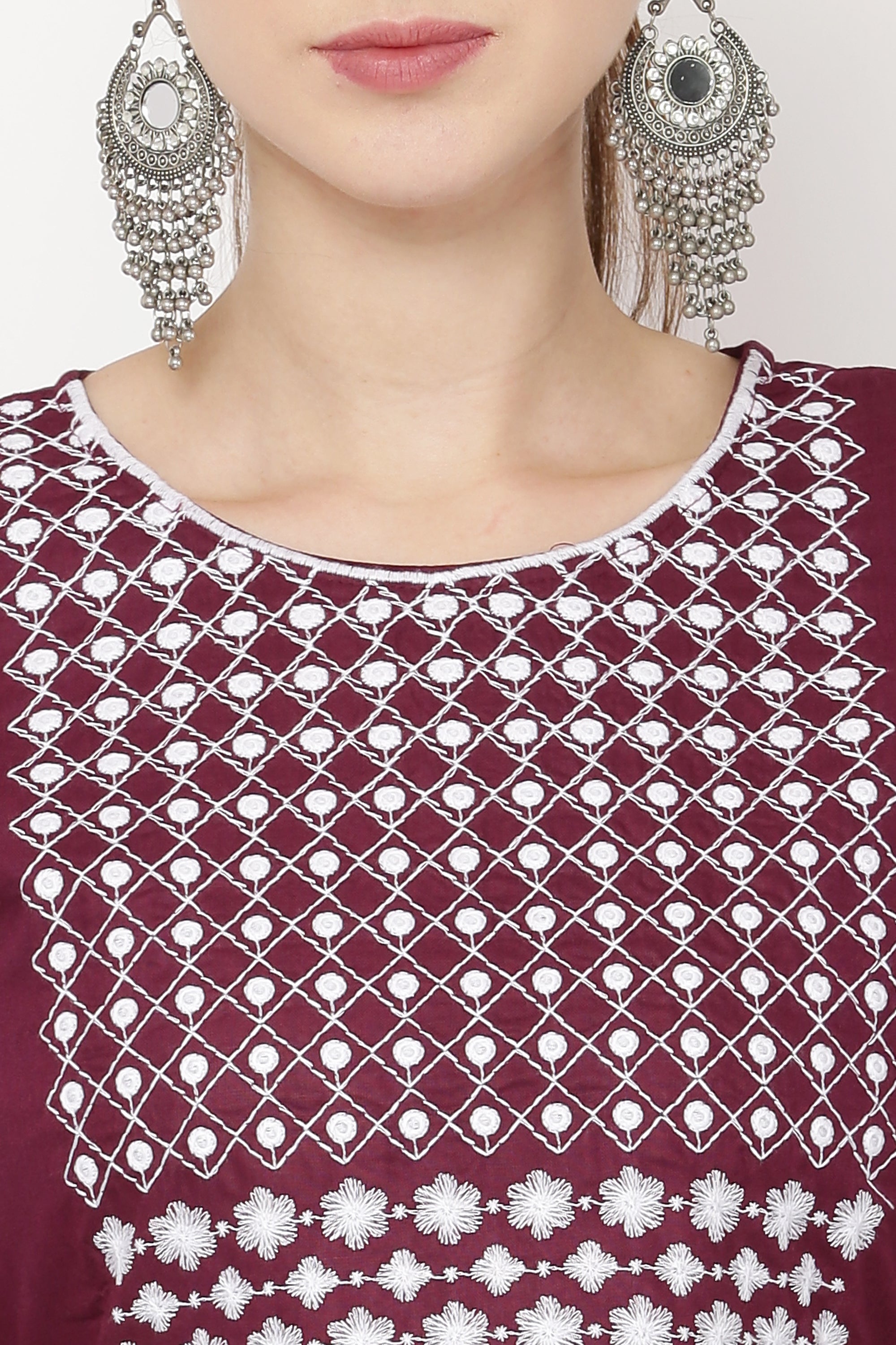 PAVONINE Wine Color Polka Dots Embroidery Dress For Women - Distacart