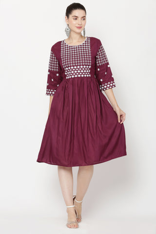PAVONINE Wine Color Polka Dots Embroidery Dress For Women - Distacart