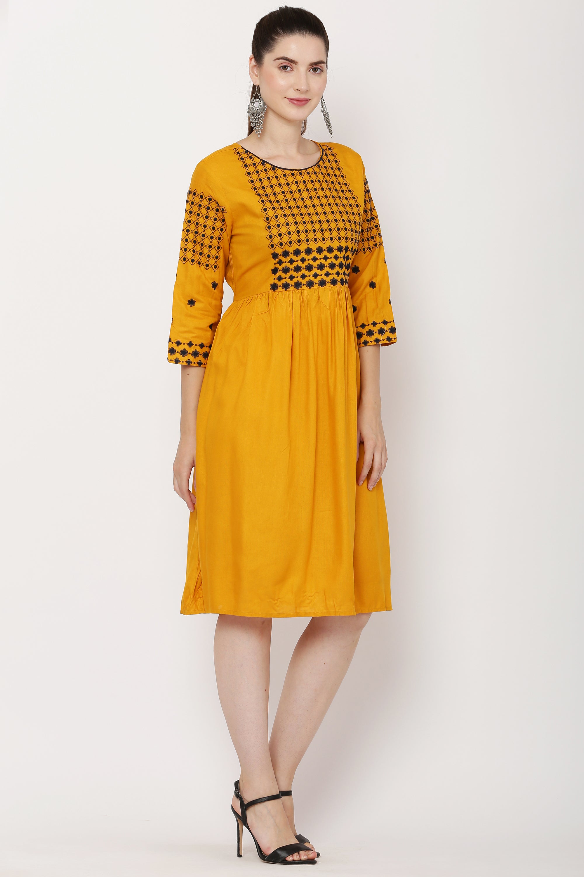 PAVONINE Mustard Color Polka Dots Embroidery Dress For Women - Distacart