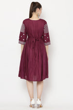 Thumbnail for PAVONINE Wine Color Polka Dots Embroidery Dress For Women - Distacart