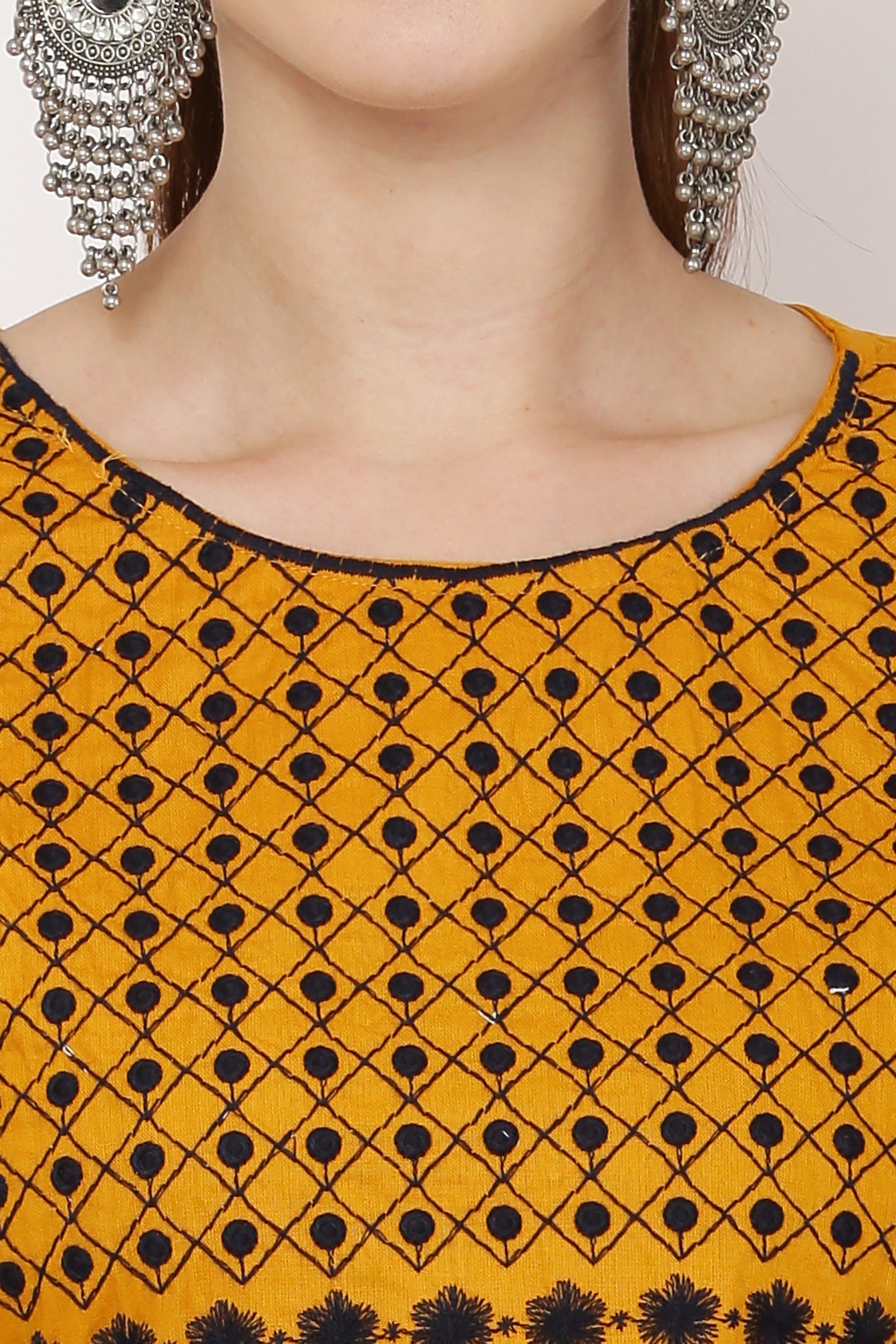 PAVONINE Mustard Color Polka Dots Embroidery Dress For Women - Distacart