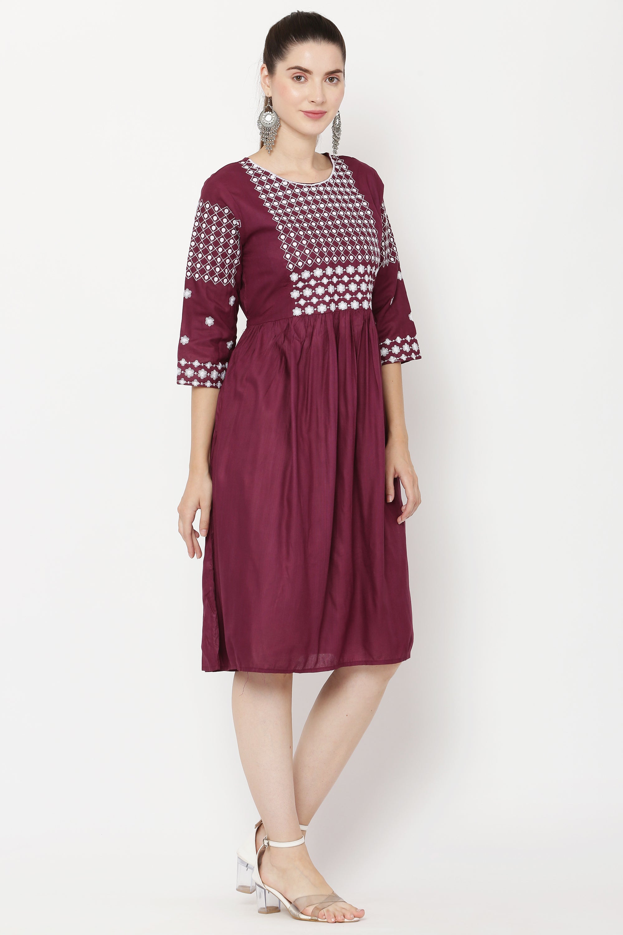 PAVONINE Wine Color Polka Dots Embroidery Dress For Women - Distacart
