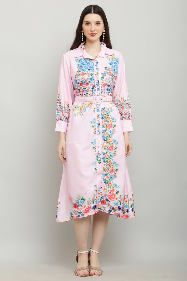 PAVONINE Cat Flower Digital Print Pink Color A-Line Dress For Women - Distacart