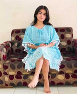 Thumbnail for PAVONINE Firozi Color Embroidery Kaftan Dress For Women - Distacart