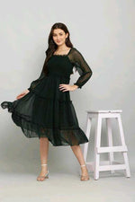 Thumbnail for PAVONINE Buta-Design With Square-Neck Bottle Green Dress For Girls & Women - Distacart